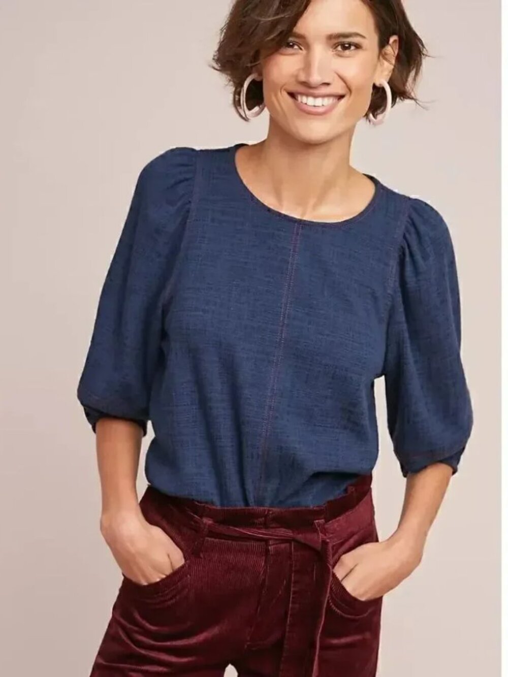 Anthropologie Current Air Karnes Peasant Top, Navy w/Red Stitching Large